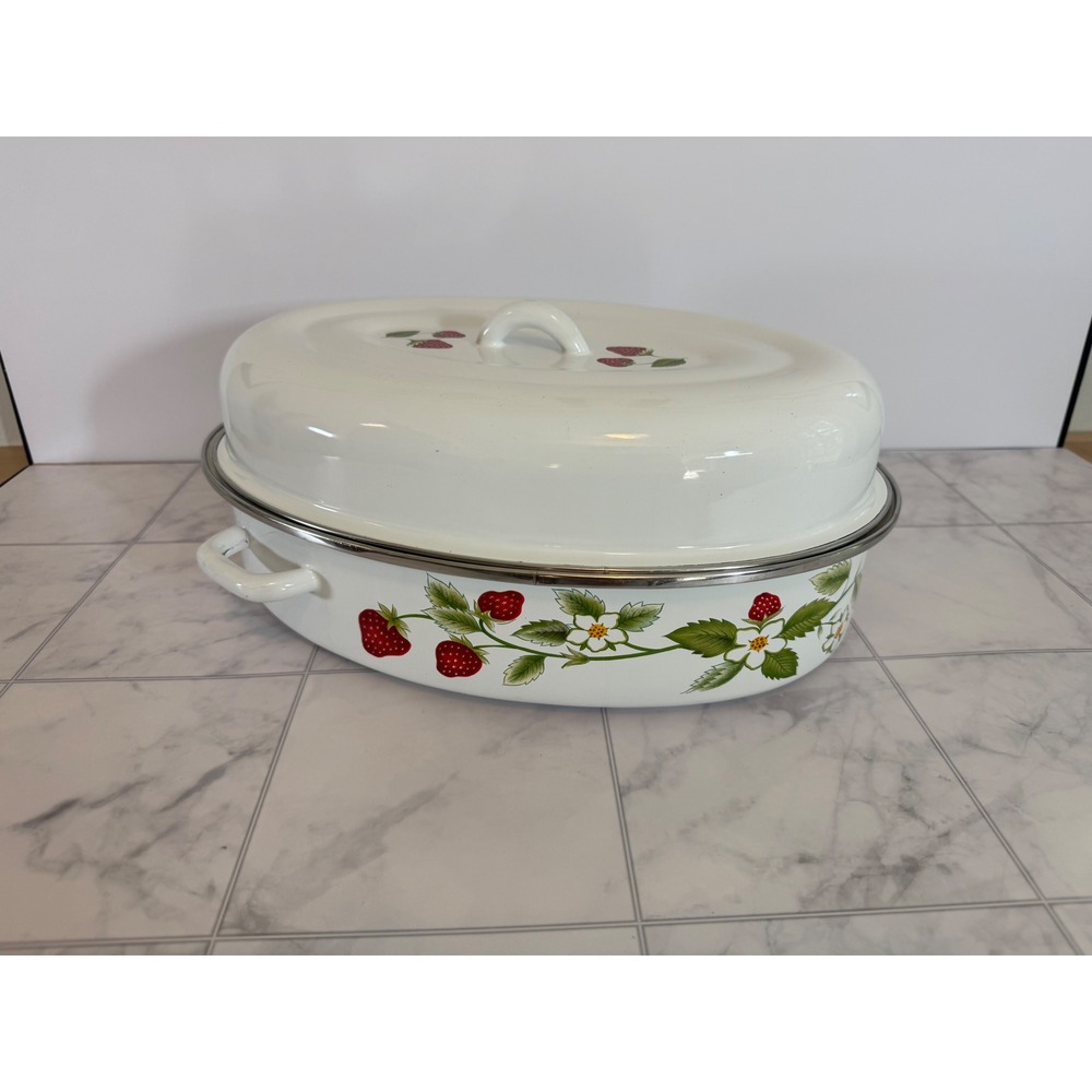 Vintage Enamelware Strawberry Roasting Pan with Lid Oval White Enamel Roaster
